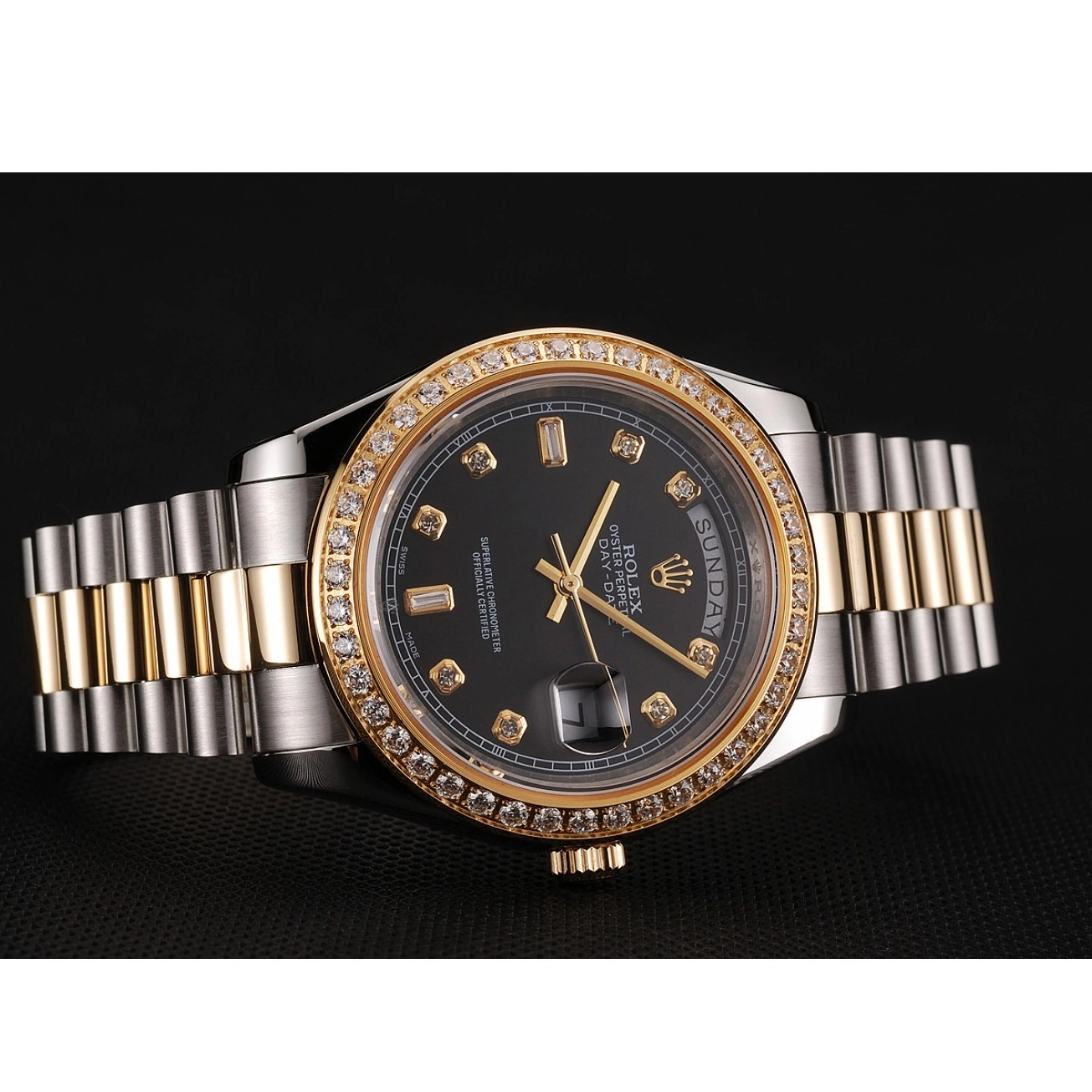 Good Copy Rolex Watches Gold Case Tone Two Stainless Swiss 1453976 Diamond Bracelet Black Dial Day-Date Steel Rolex 0628